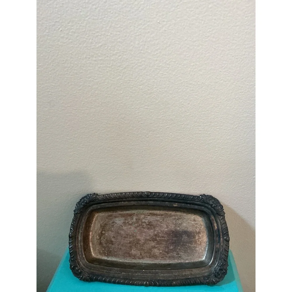 Vintage Silver Plated Butter‎ Ornate Rectangular Serving Tray Scrolled Rim 8.75